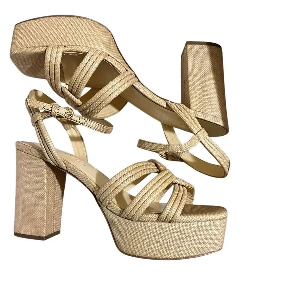 NIB Marc Fisher Women's Natural Cairo Ankle Strap Block Heel Platform Sandals 10